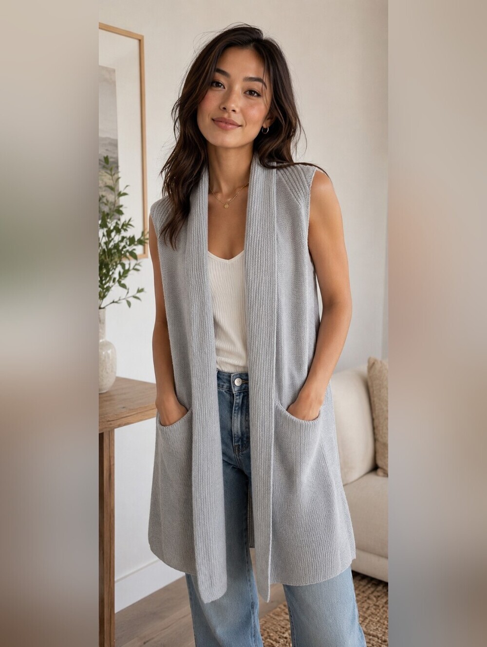 Wilfred Aritzia 100% Merino Wool Long Sleeveless Cardigan Vest